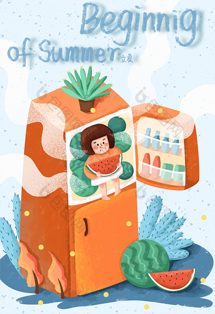 小清新节气夏至冰箱女孩吃西瓜手绘插画海报