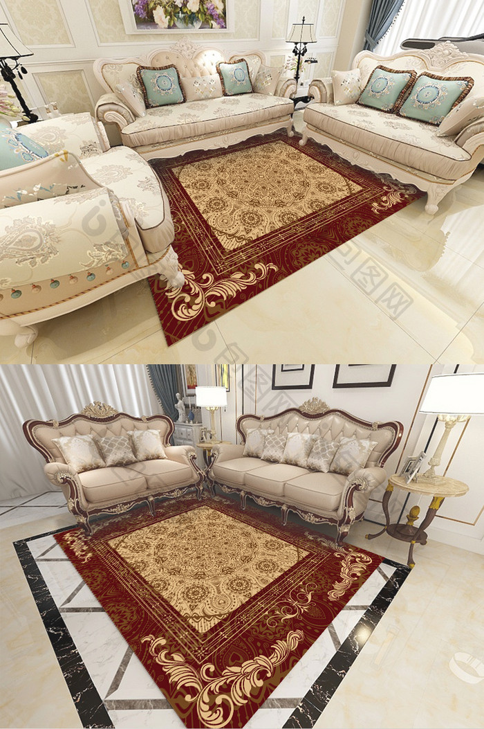 欧式复古红色花纹客厅卧室地毯图案