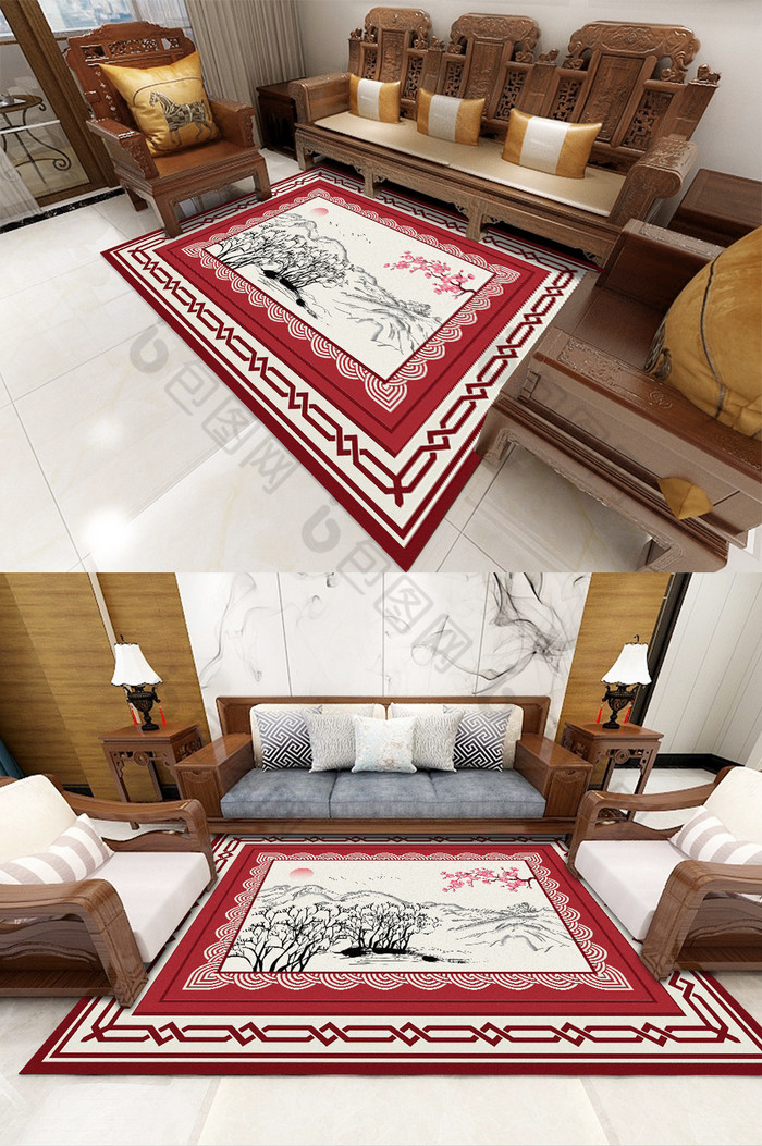 中式水墨山水梅花唯美客厅卧室地毯图案图片图片