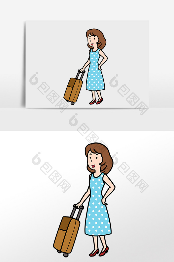 手绘夏季旅游女孩拉行李插画