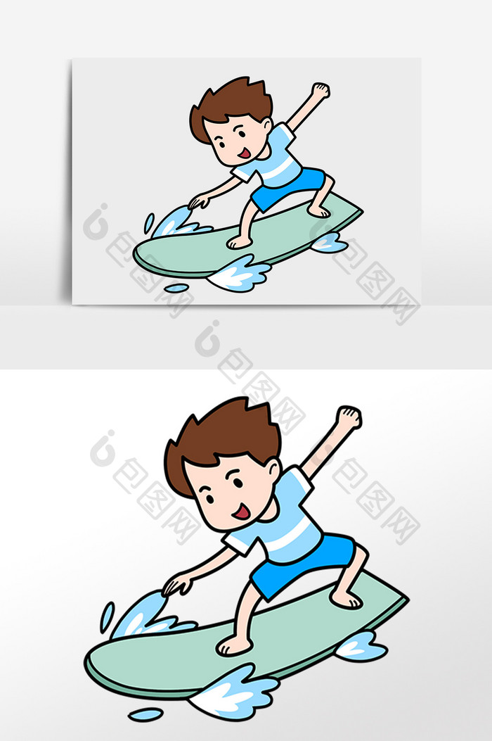 手绘夏季海滩旅游滑滑板男孩插画