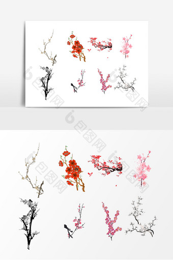 中国风格水墨梅花树枝素材图片