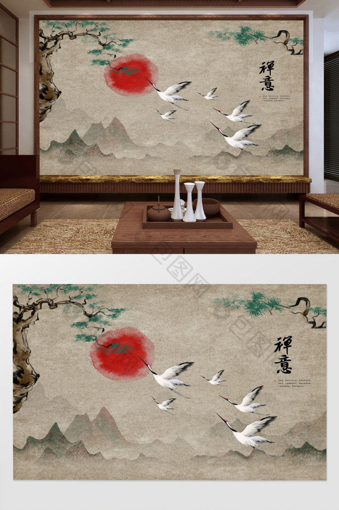 中式国潮白鹤创意图案背景墙