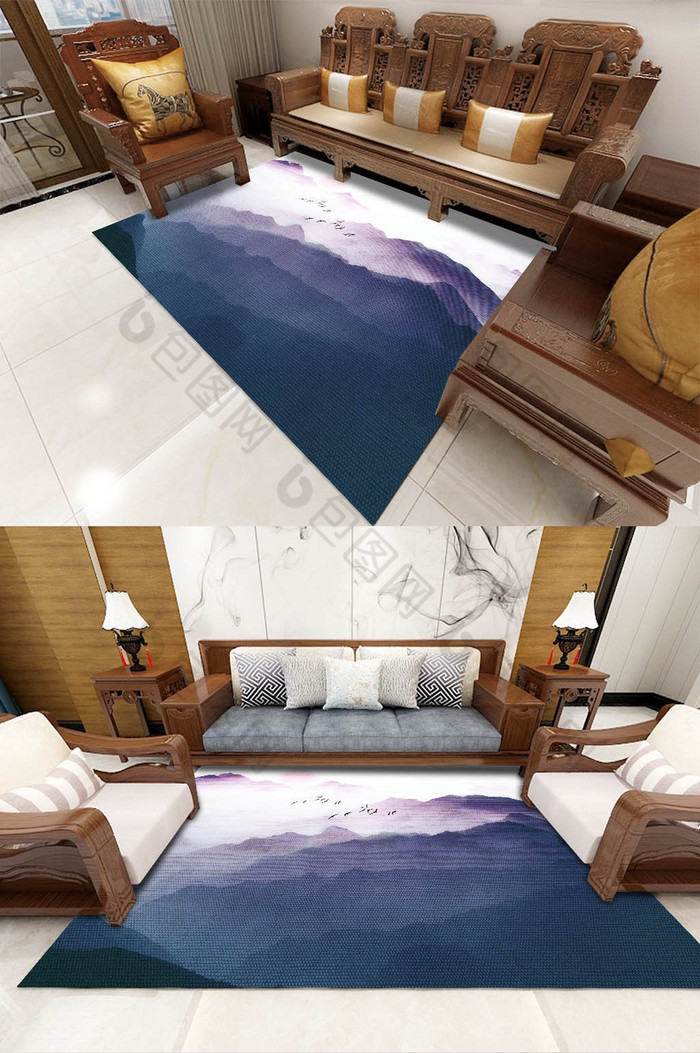 中式意境水墨山水飞鸟地毯画装饰图片图片
