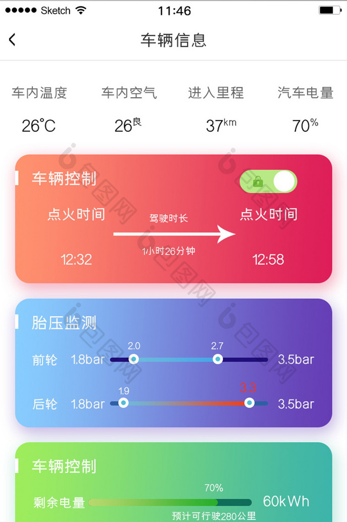 车辆信息渐变卡片多色白底简洁风格进度