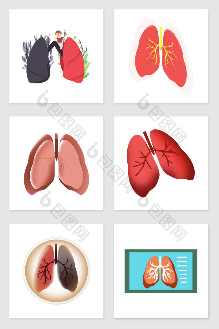 手绘卡通肺部套图插画元素