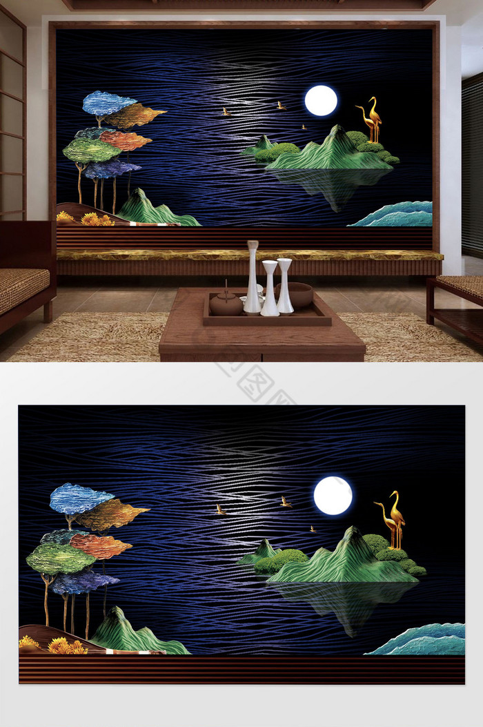 新中式创意山水抽象意境电视背景墙定制图片图片