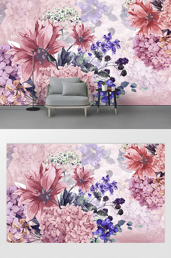 欧式复古手绘花卉电视背景墙图片