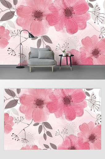 新现代樱花手绘花卉背景墙定制图片