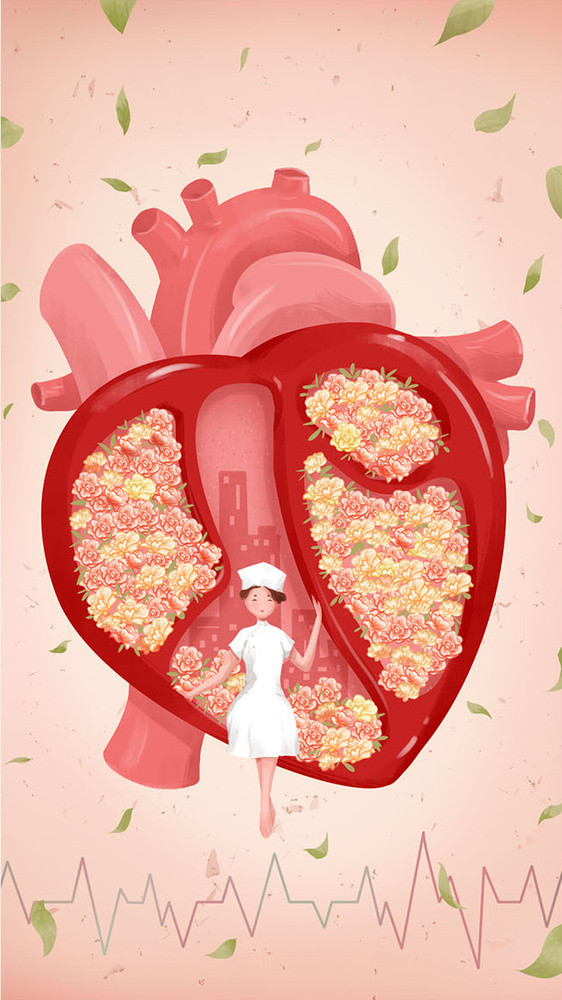 护士守护红色鲜花心脏gif插画