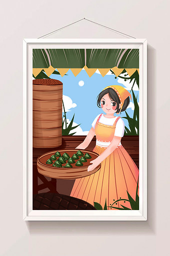 卡通扁平端午节吃粽子包粽子女孩插画图片