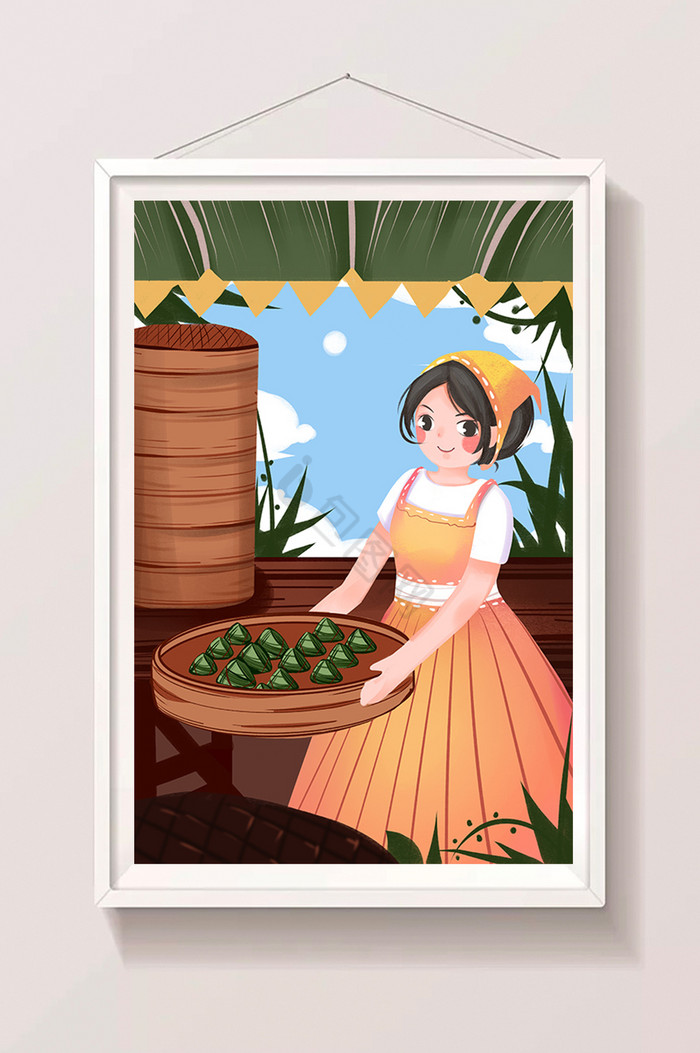 端午节吃粽子包粽子女孩插画图片
