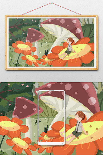 卡通扁平六一儿童节蘑菇花朵小孩插画图片