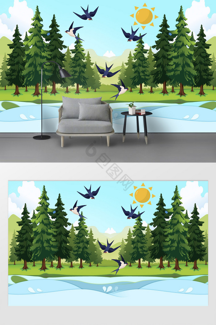 现代小清新森林小溪飞翔燕子电视背景墙图片