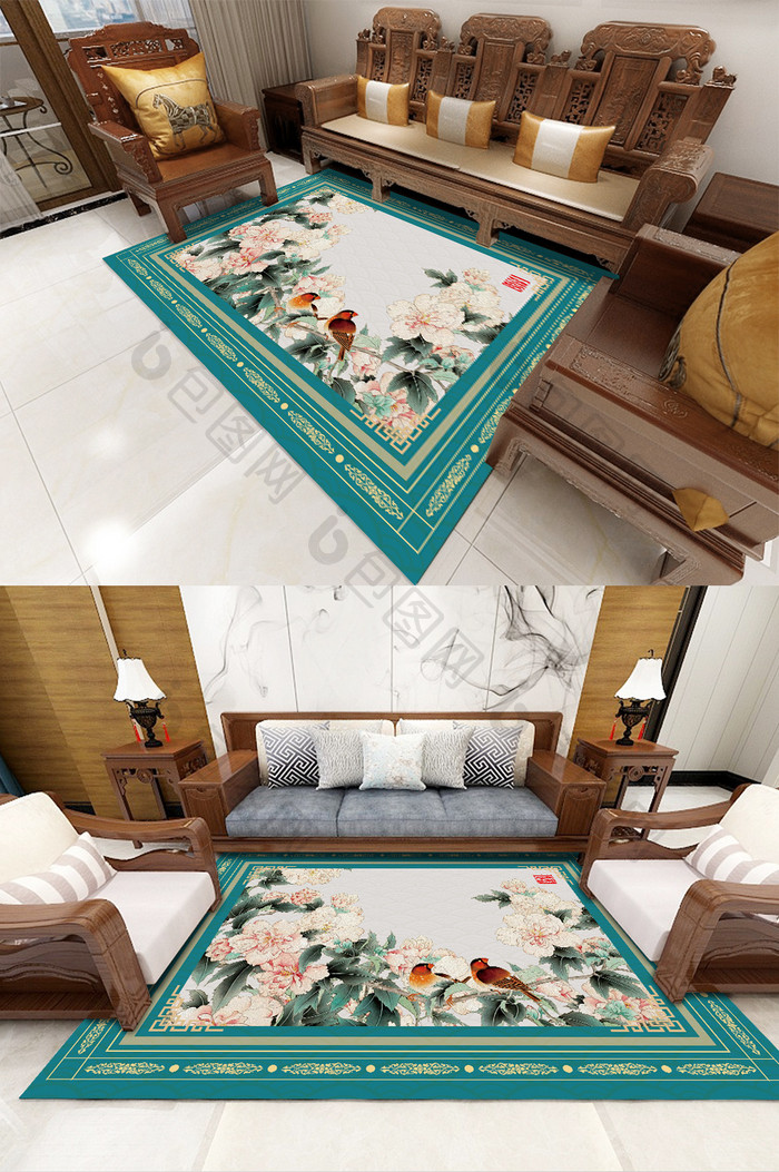 中式大气复古花鸟客厅卧室酒店地毯图案