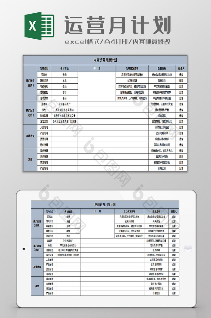 电商运营月度计划excel模板