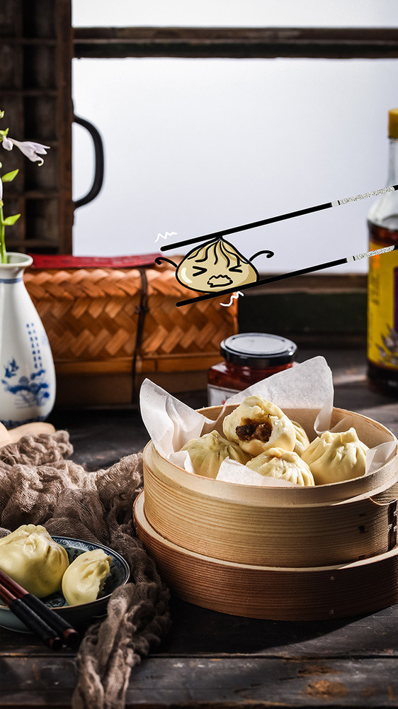 中华传统美食肉包子蒸笼创意摄影插画GIF图片