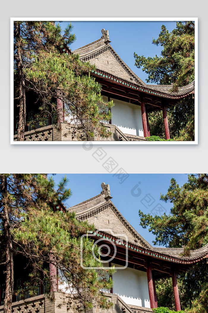 松柏之间的中国古建筑摄影图片