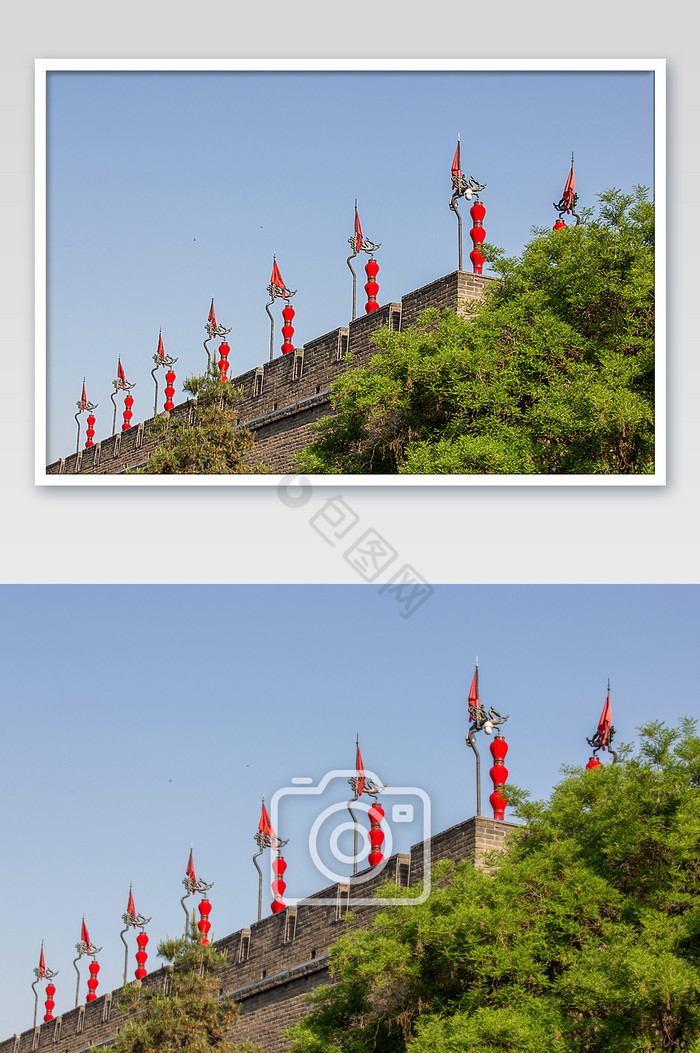 西安古城墙城旗摄影图片