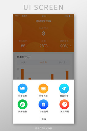 橙色渐变智能净水APP设备管理弹窗界面