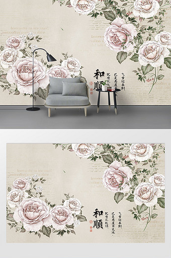 田园美式玫瑰花墙纸客厅电视背景墙图片
