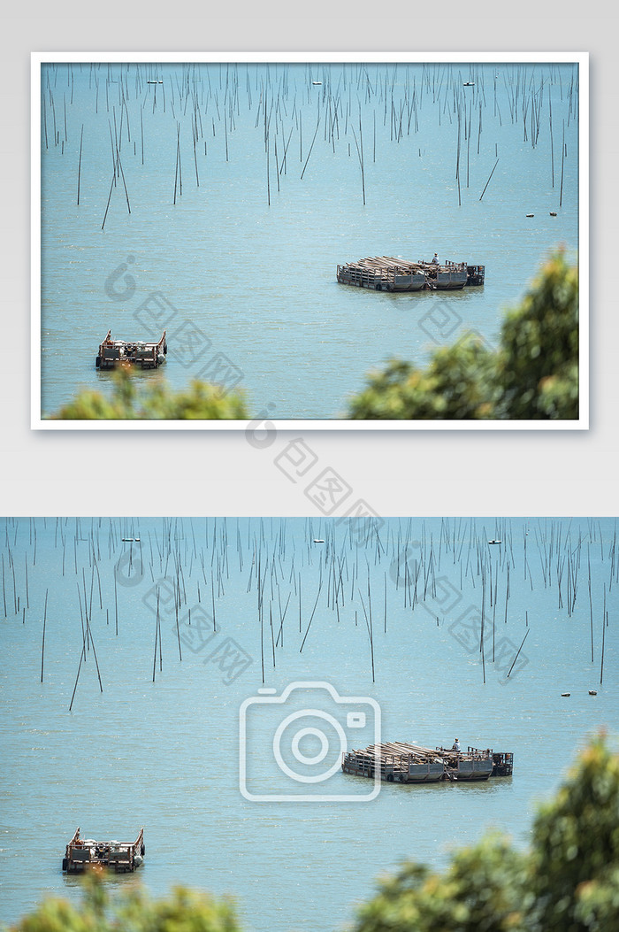 蓝色大海海面渔船渔民夏天捕鱼摄影图片
