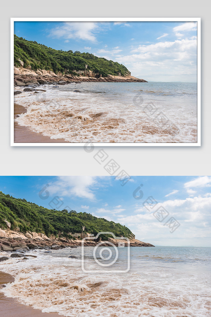 蓝天白云大海海边海浪沙滩海滩海岛摄影图片