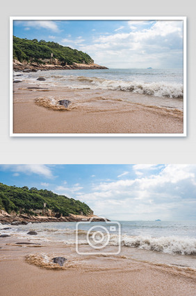 蓝天白云大海海边沙滩海滩海浪摄影图片