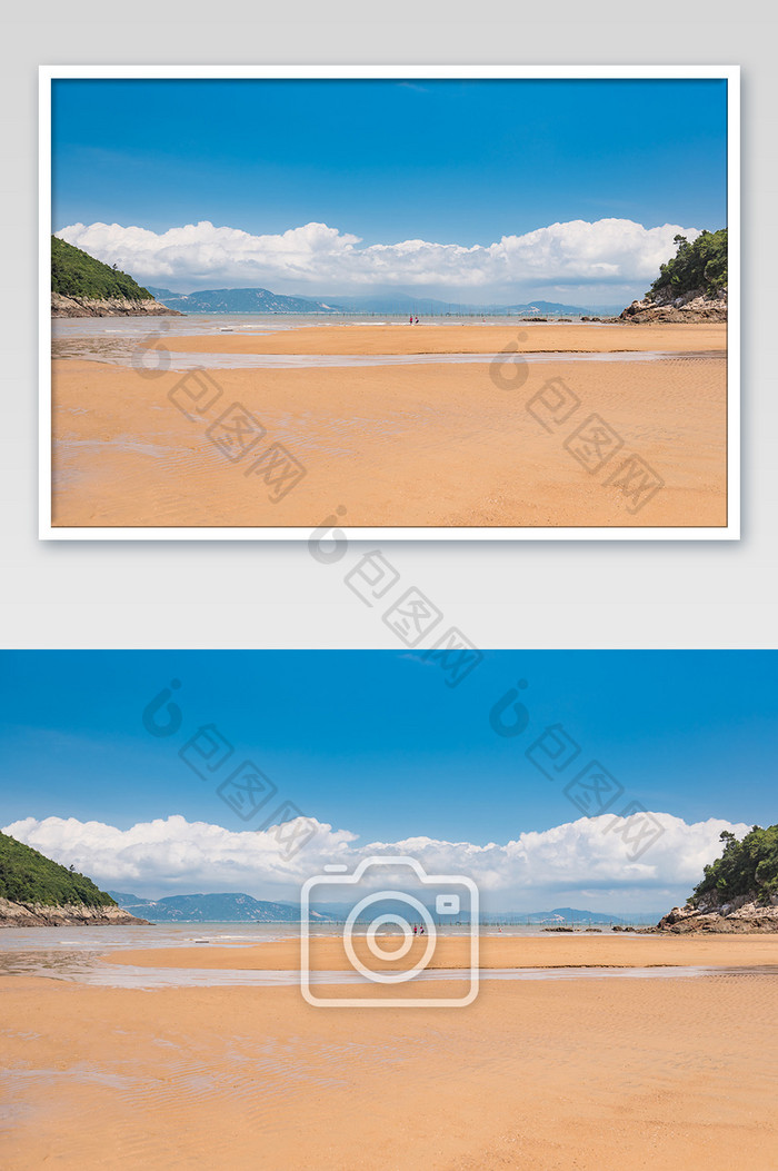 蓝天白云大海海边沙滩海滩蓝色金色摄影图片