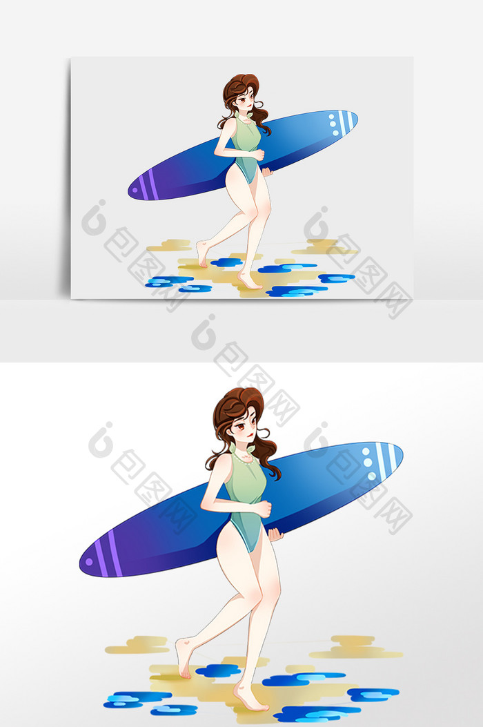 手绘夏季旅游玩冲浪板女孩插画