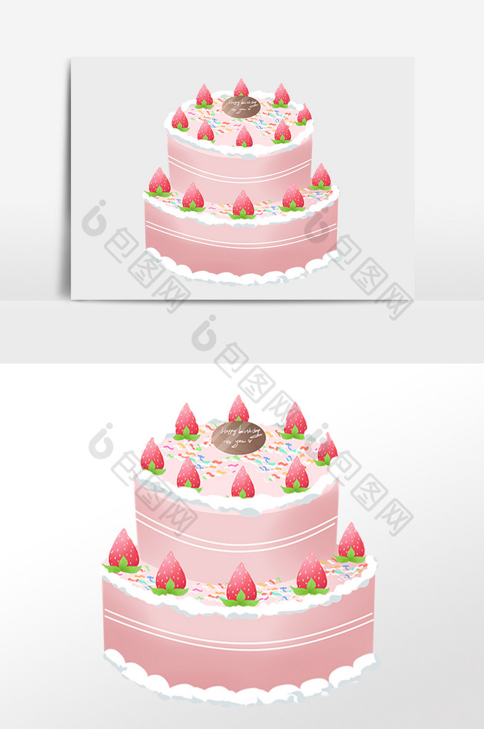 手绘生日快乐甜点双层蛋糕插画