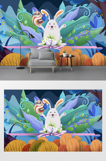 现代梦幻森林卡通梦幻小兔儿童房背景墙图片