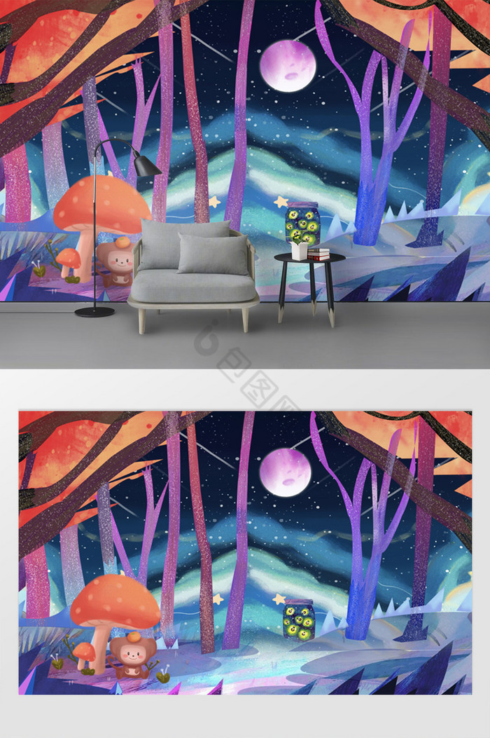 现代手绘梦幻夜色森林蘑菇猴子儿童房背景墙图片
