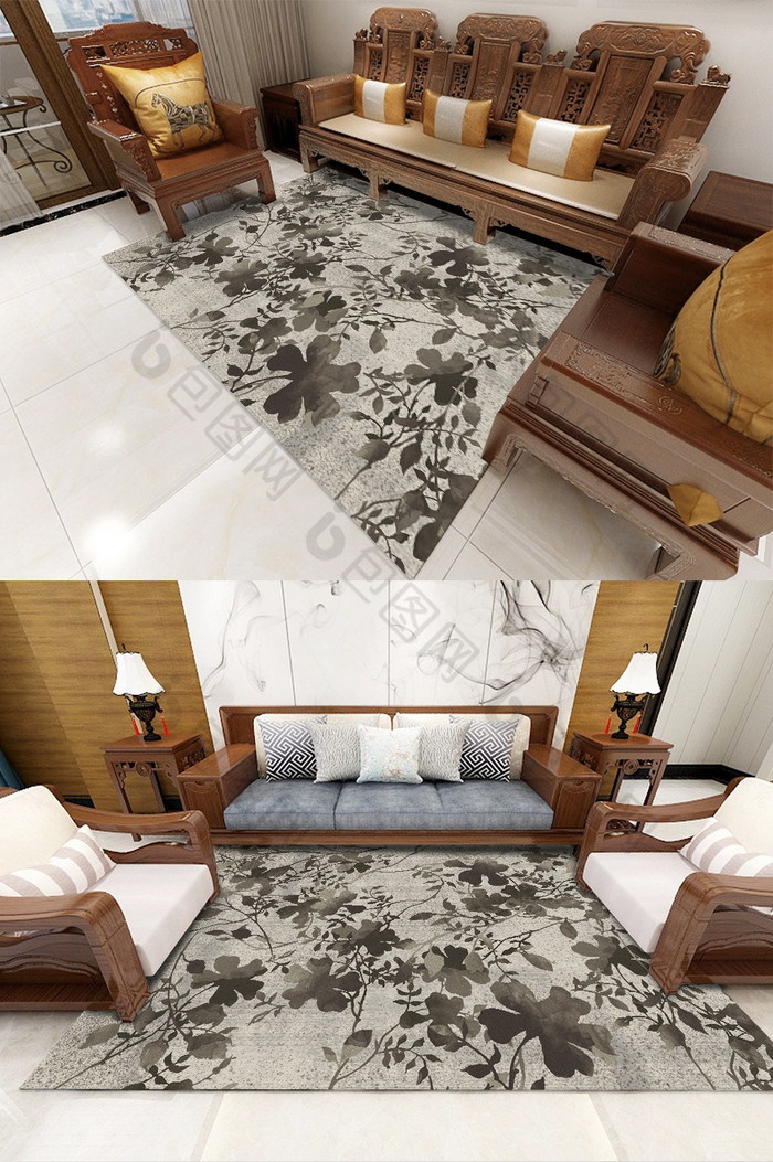 轻奢新中式繁枝花卉客厅卧室地毯图案图片图片