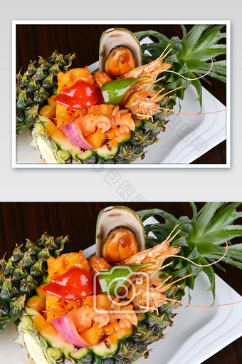 菠萝海鲜盅摄影图图片