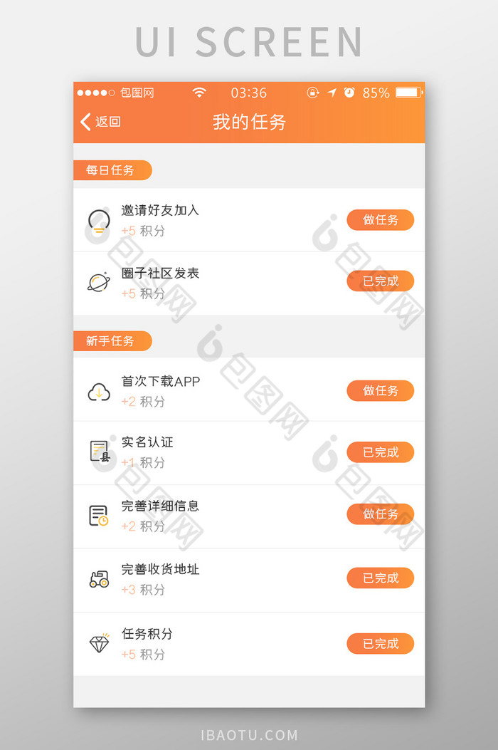 渐变橙色简约扁平我的任务列表UI移动界面-包图网