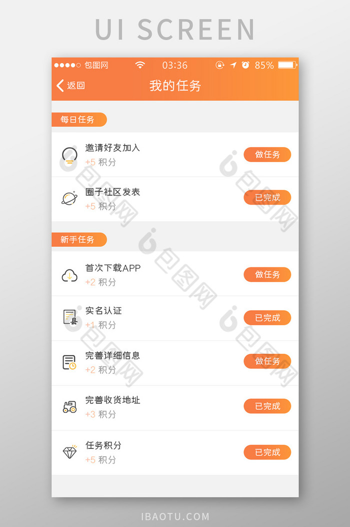 渐变橙色简约扁平我的任务列表UI移动界面图片图片