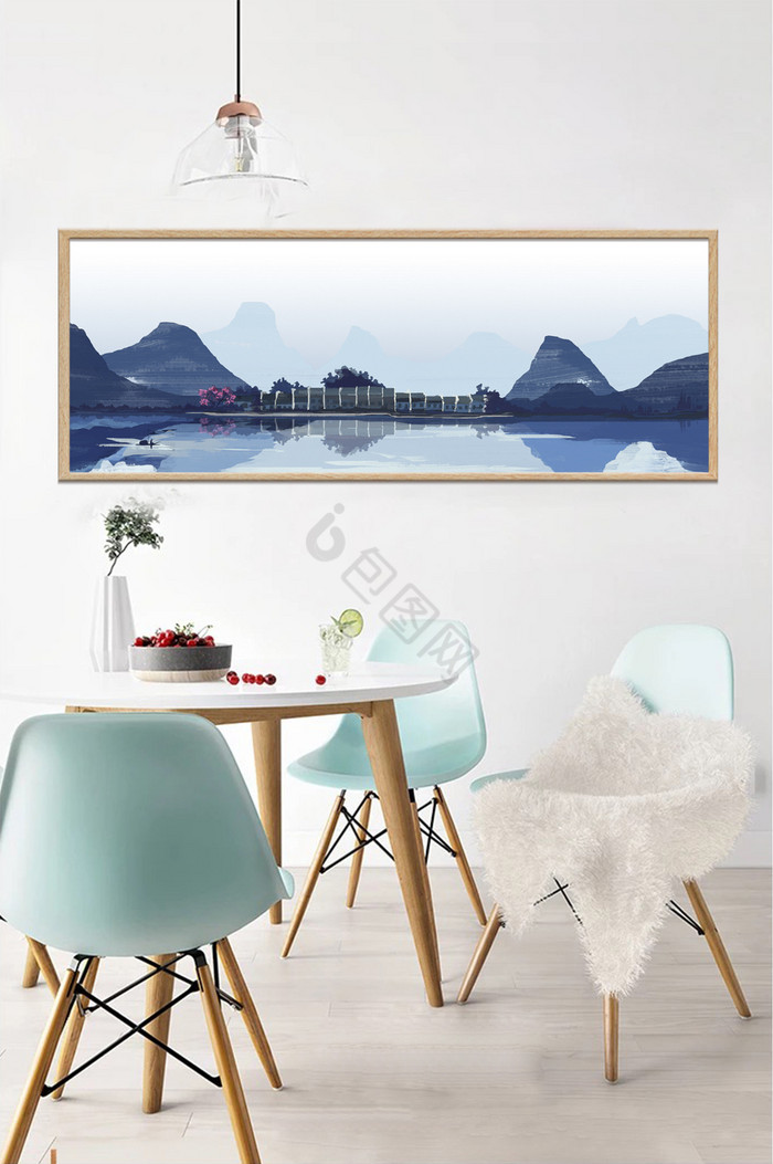 手绘水彩湖水风景客厅装饰画图片