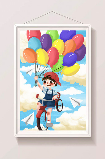六一儿童节孩子儿童插画气球自行车小清新图片