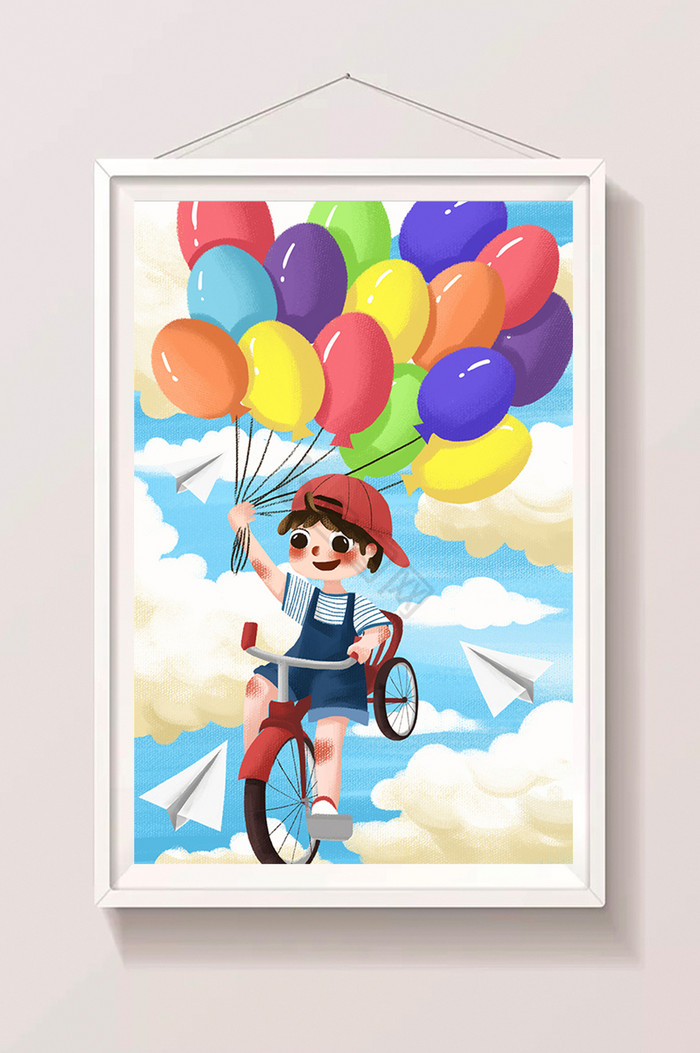 六一儿童节孩子儿童插画气球自行车图片