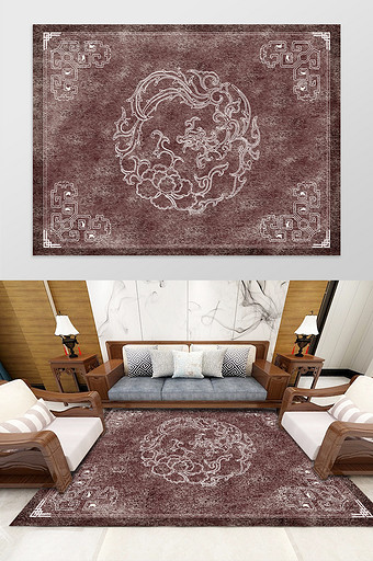 暗红色传统中式古典纹理印花图案地毯图片