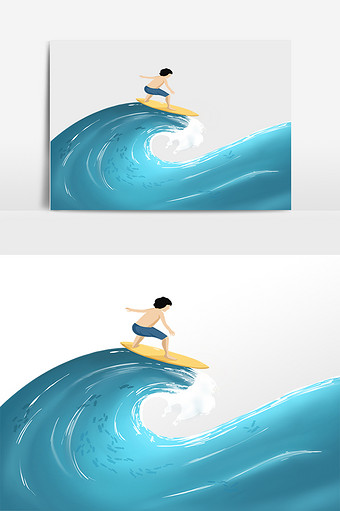 手绘夏日海滩游玩冲浪男孩插画图片