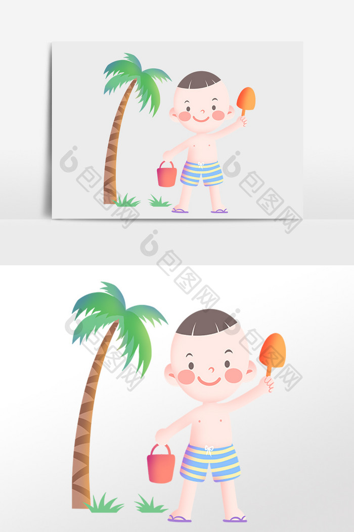 手绘夏季海滩旅行玩沙男孩插画