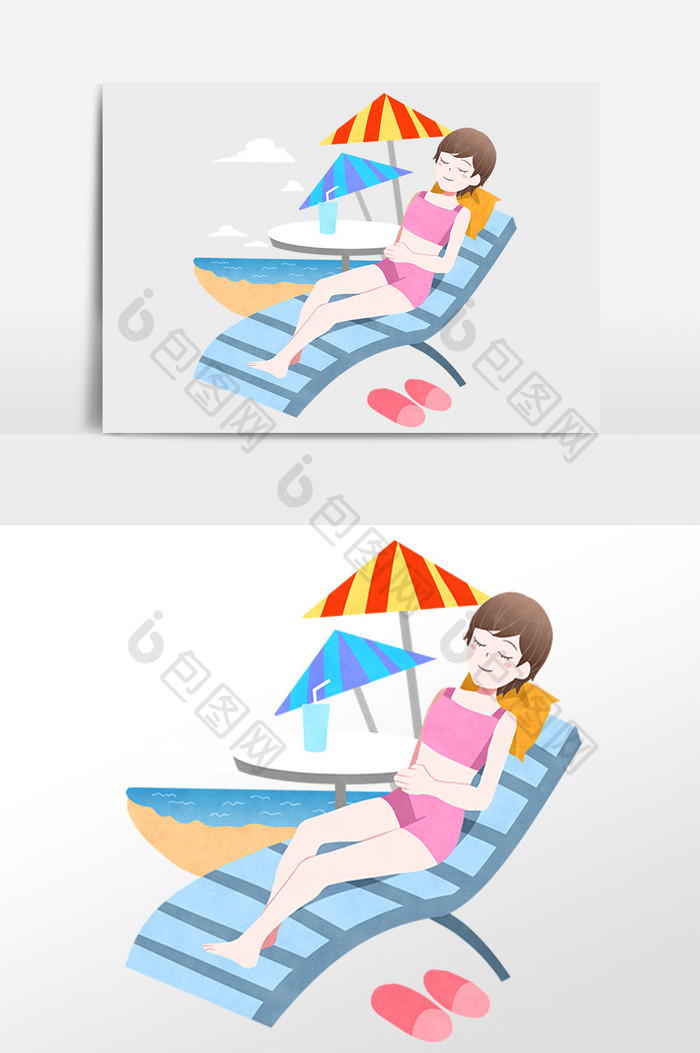 手绘夏季海滩旅行躺椅休息女孩插画