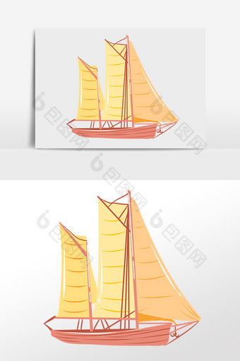 手绘交通工具大海黄色帆船插画图片