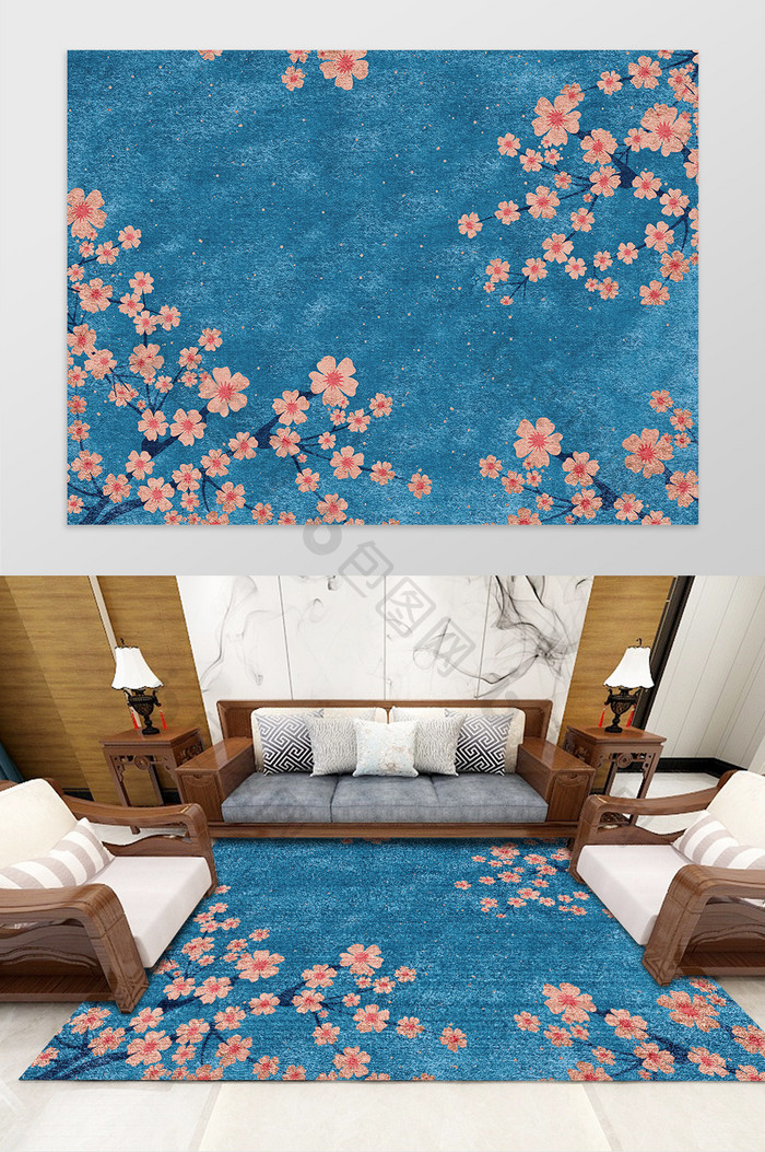 中式古典风格蓝色花朵纹理图案地毯