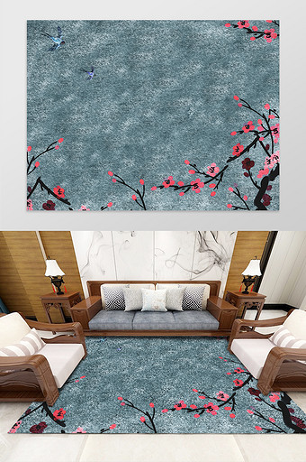 墨绿色中式古典花朵纹理图案地毯图片