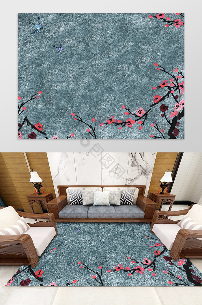 墨绿色中式古典花朵纹理图案地毯