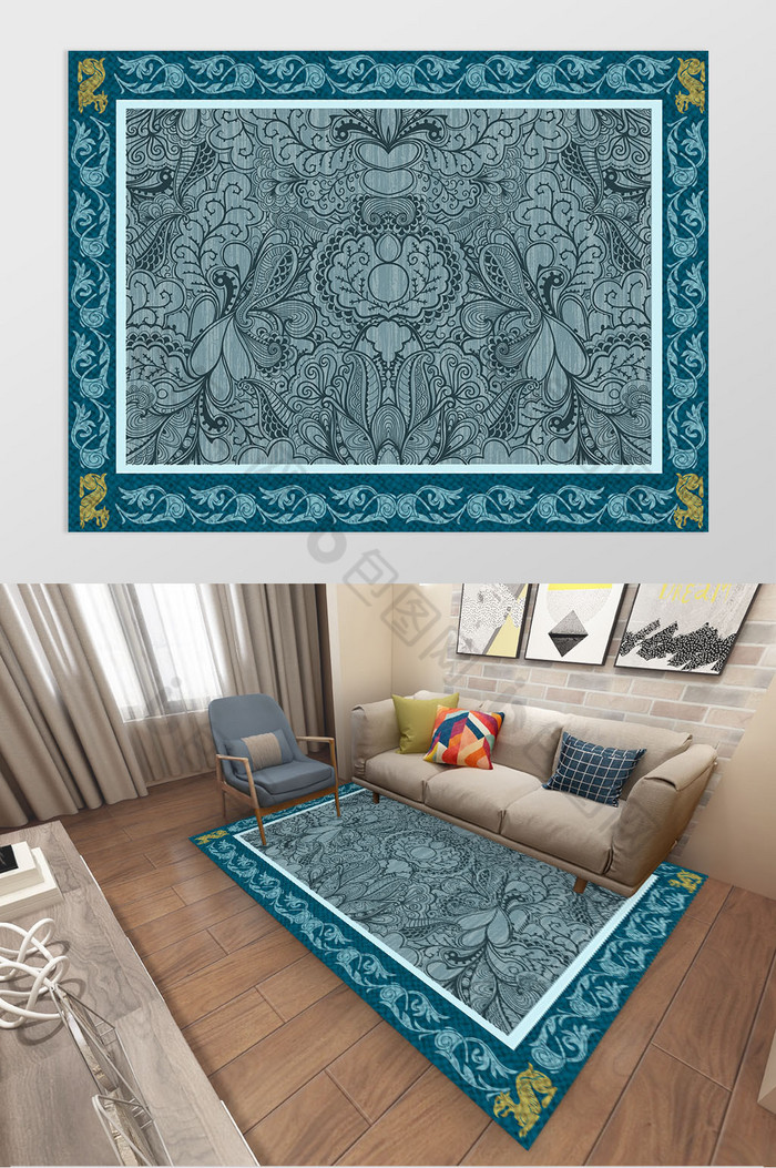 美式复古蓝色花纹客沙发茶几垫地毯图案设计图片图片