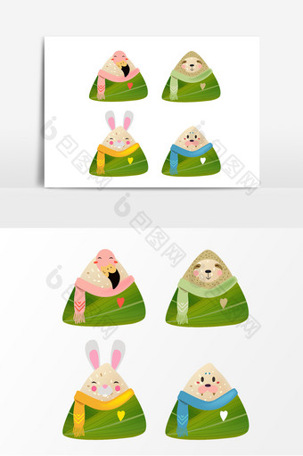 端午节鸟树懒兔子和海豹外形粽子元素图片